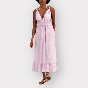 Miken NEW Midi Dress Swim Cover-Up Large Pastel Purple Pink Leopard Tie Straps